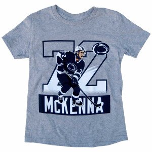 youth heather gray short sleeve t-shirt with 72 McKenna, likeness, and Penn State Athletic Logo